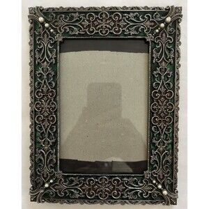 Vintage Sunflower Photo Frame Holds 4x6” Enameled Floral Metal Silver-tone